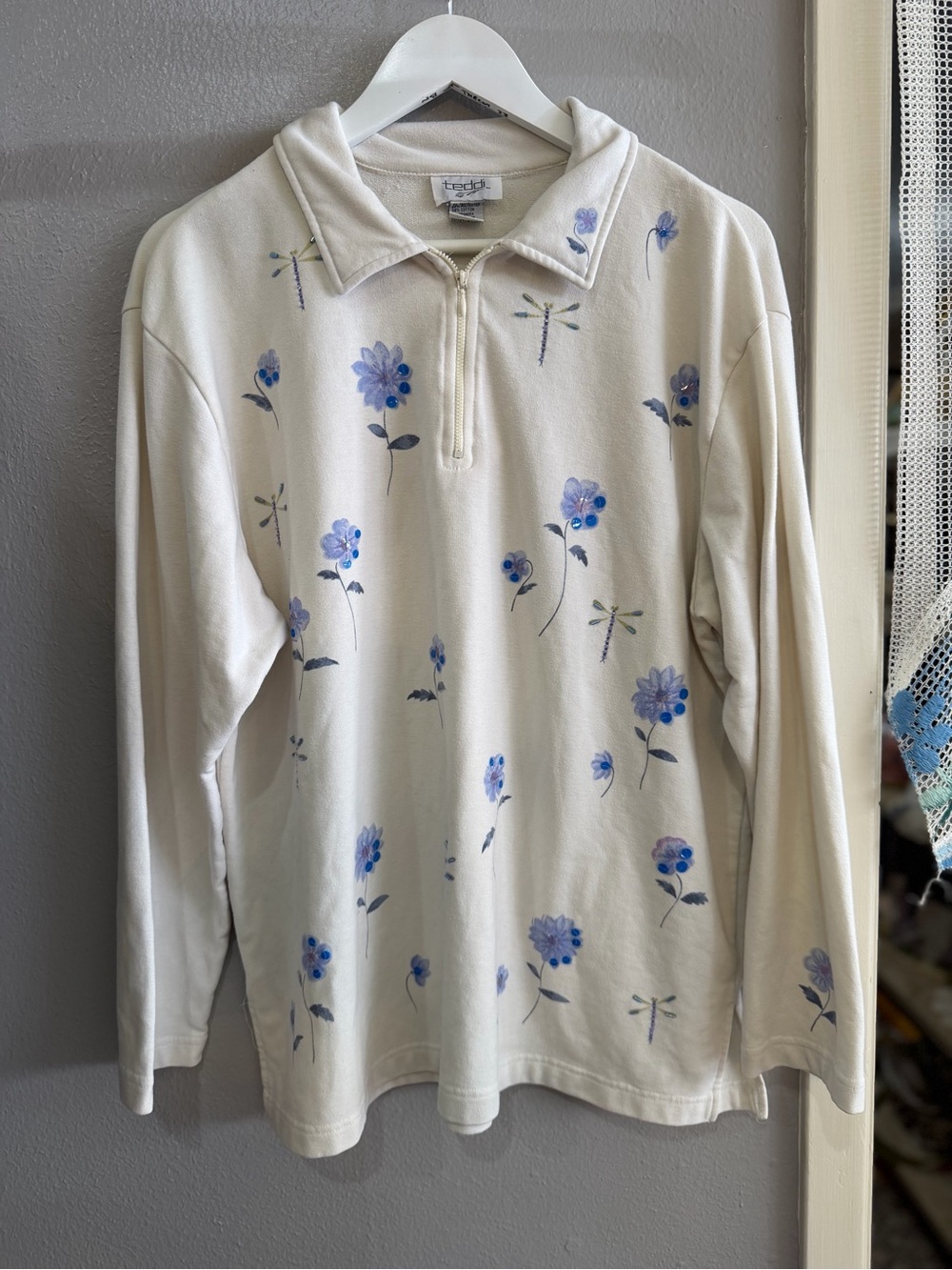 Light Cream Floral Print Half-Zip  Top